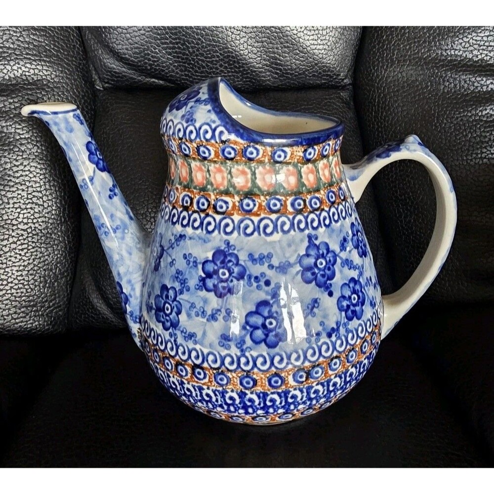 Polish Pottery Unikat Anna Pasiersienk Blue Poppies Watering Pitcher Can 57A